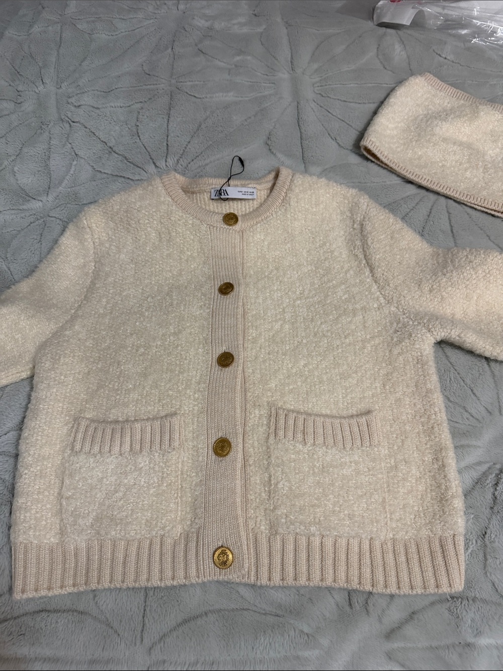 Zara Cream Bouclé Knit Cardigan with Gold Buttons